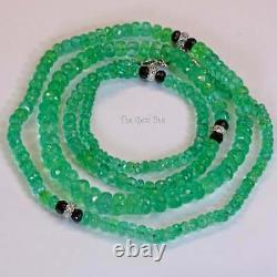 18K Solid White Gold 3-6.5mm Colombian Emerald faceted Bead Diamond Necklace 24