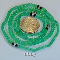 18K Solid White Gold 3-6.5mm Colombian Emerald faceted Bead Diamond Necklace 24