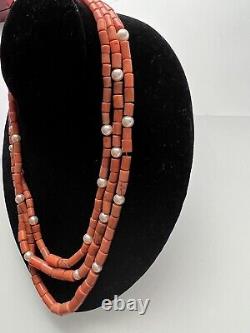 18K Yellow Gold Natural 3 Strand Coral Pearl. 40CT Diamond Beads Necklace 19