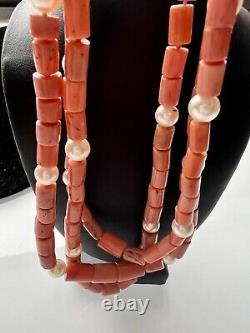 18K Yellow Gold Natural 3 Strand Coral Pearl. 40CT Diamond Beads Necklace 19