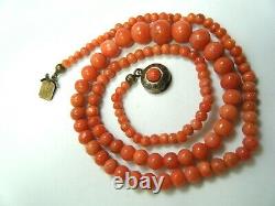18 Victorian Antique Hand Carved Coral Beads Graduated Necklace