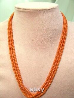 18 Victorian Antique Hand Carved Coral Beads Triple Strand Necklace