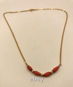 18ct Gold Necklace With Coral Red Bead Stones Cable Chain 18K 750 16 41AR 3.89g