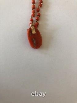 18k Gold Coral Beads Necklace 14 K Gold Carved Coral High Relief Cameo Pendant