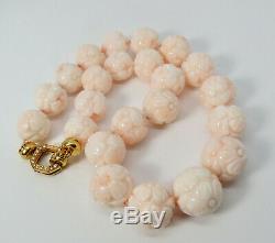 18k Gold, Diamond, Carved Angel Skin Coral Bead Necklace
