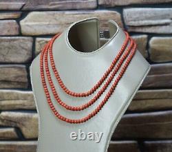 1920' Natural Mediterranean Red Salmon Coral Bead 3 Strand Necklace Silver Clasp