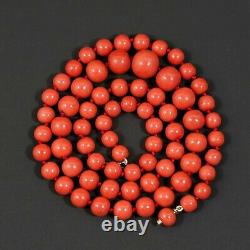 1930' Natural Mediterranean Salmon Red Coral Beads Necklace 14k Gold Clasp 60gr