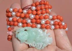 1930's Chinese Jade Jadeite Carved Boy Natural Red Coral Pearl Bead Necklace