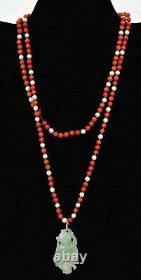 1930's Chinese Jade Jadeite Carved Boy Natural Red Coral Pearl Bead Necklace