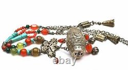 1930's Chinese Solid Silver Drum Pendant Agate Turquoise Coral Bead Necklace