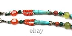 1930's Chinese Solid Silver Drum Pendant Agate Turquoise Coral Bead Necklace