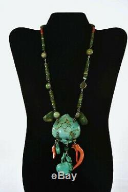 1930's Chinese Turquoise Pendant Coral Carved Carving Bead Charms Necklace
