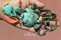 1930's Chinese Turquoise Pendant Coral Carved Carving Bead Charms Necklace