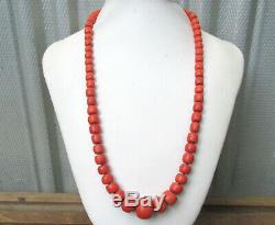 1950s Graduated Natural Sardinian Red Coral Bead Necklace 66g Mediterranean 14k