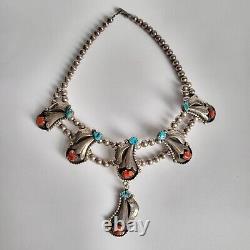 1970s Native American Navajo Vicky Thompson TURQUOISE Coral Silver Necklace