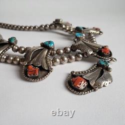 1970s Native American Navajo Vicky Thompson TURQUOISE Coral Silver Necklace