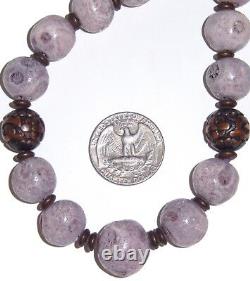 1980s Coral Necklace Chinese Shou Bronze Beads Lavendar Purple Coral