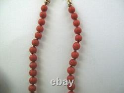 19 red coral graduated beaded necklace 4mm-9mm beads, 14k clasp, deep color