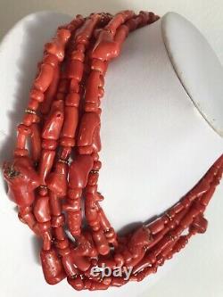 233gr Vtg 14k Gold Carved Coral Oxblood Beads Multi Strand Sautoir Necklace 37