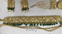 23k Gold Diamond Polki Emerald Beads Wedding Choker Necklace Set Jewelry