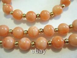 24 Vintage 1960s Natural 6mm Pink Coral and 14K Gold Beaded Necklace 31g