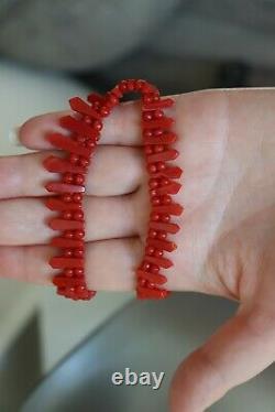 27gr Antique Carved Red Coral Necklace Art Deco Style Natural Undyed Beads