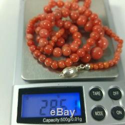 28.6 gram Natural salmon coral old beads Necklace sterling silver 9.4-3.9 mm