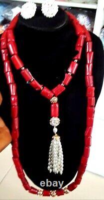 2 Layers Red Coral Genuine Chunky Cylinder + Silver Beads Was £256 Now £200