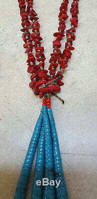 2 Strand Turquoise Red Coral Heishi Beaded Native American Indian Jacla Necklace