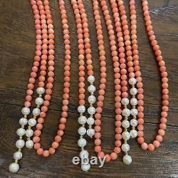 3 Natural Undyed Angel Skin Coral & Fresh Water Pearl Bead Necklace 160 Grams