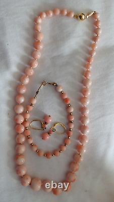 3 Pc. Pink Graduated Coral Beaded Necklace, Bracelet With Earrings 14kt. Gold
