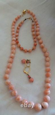 3 Pc. Pink Graduated Coral Beaded Necklace, Bracelet With Earrings 14kt. Gold