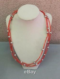 3 Strand Coral Heishi and Silver Bench Bead Necklace 23