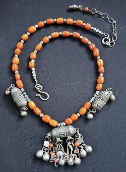 3 Yemeni Turkmen turkoman Hirz & orange coral vintage beaded handmade Necklace