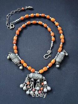 3 Yemeni Turkmen turkoman Hirz & orange coral vintage beaded handmade Necklace