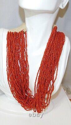 40 Multi Strand Red Coral Seed Bead Necklace Vintage Coin Closure Crochet Clasp