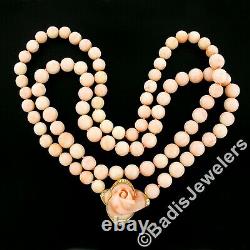 42 Angel Skin Coral Strand Necklace Carved Rose Flower Diamond 18k Gold Pendant