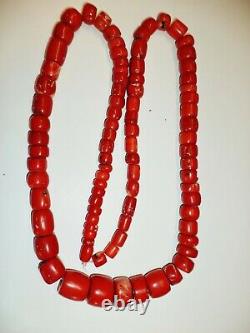 42 Inch Large antique Natural Tibetan graduated red coral barrel beads necklace