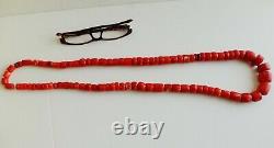 42 Inch Large antique Natural Tibetan graduated red coral barrel beads necklace