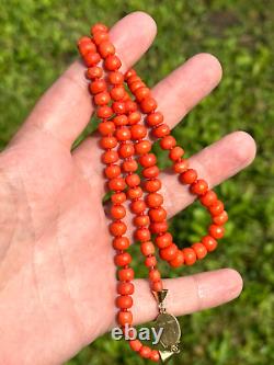 44 gr. Antique Faceted Red Coral Necklace Natural Undyed Beads Clasp Gold 750