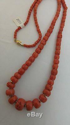 46.9 Gram Natural red coral old beads coral Necklace 18k gold 14.7 4.2 mm