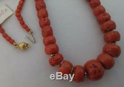 46.9 Gram Natural red coral old beads coral Necklace 18k gold 14.7 4.2 mm