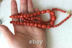 46gr Antique Faceted Salmon Coral Necklace Natural Undyed Beads Gold Clasp 14k