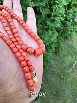 48 gr Antique Faceted SALMON Coral Necklace Natural Undyed Beads Clasp Gold 750