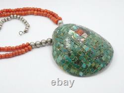 50's NAVAJO SANTO DOMINGO CORAL & STERLING BEAD INLAID TURQUOISE SHELL NECKLACE
