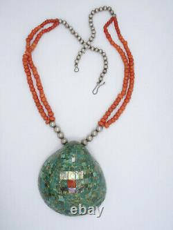 50's NAVAJO SANTO DOMINGO CORAL & STERLING BEAD INLAID TURQUOISE SHELL NECKLACE
