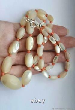 50's Vintage Balamuti Mother-of-Pearl Coral Beads Necklace Sterling Silver 925