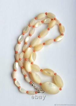 50's Vintage Balamuti Mother-of-Pearl Coral Beads Necklace Sterling Silver 925
