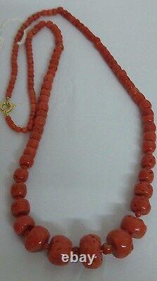 56.6 Gram Natural red coral old beads coral Necklace 18k gold 17 4 mm