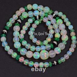 5.1-10.3mm 18k White Gold Natural Opal Round Bead Emerald Diamond 24 necklace